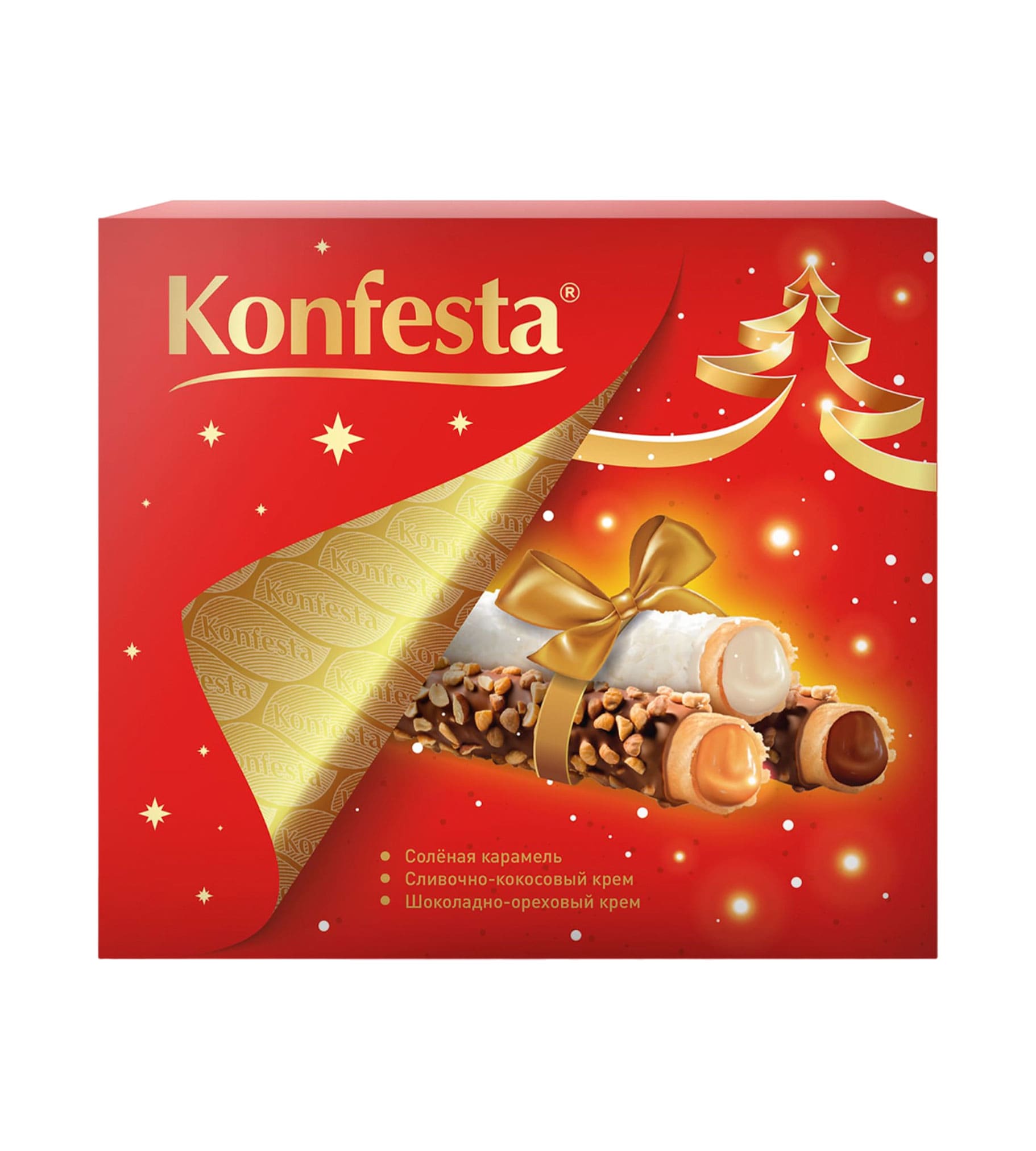 Конфеты Ассорти «Konfesta» соленая карамель, сливочно-кокосовый крем, шоколадно-ореховый крем, подарочная коробка