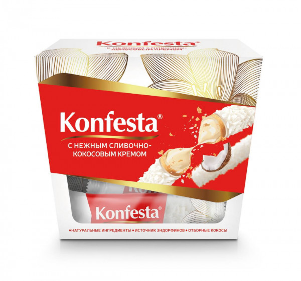Konfesta糖果配上精致的椰子奶油，香脆的华夫饼和撒上椰子片