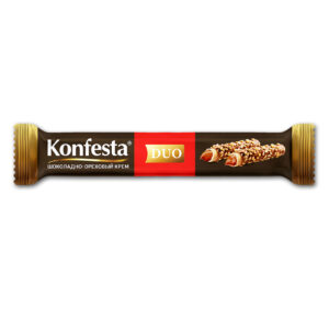 Конфеты «Konfesta DUO» с нежным шоколадно-ореховым кремом в хрустящей вафле, глазированной шоколадом и обсыпанной дробленым фундуком