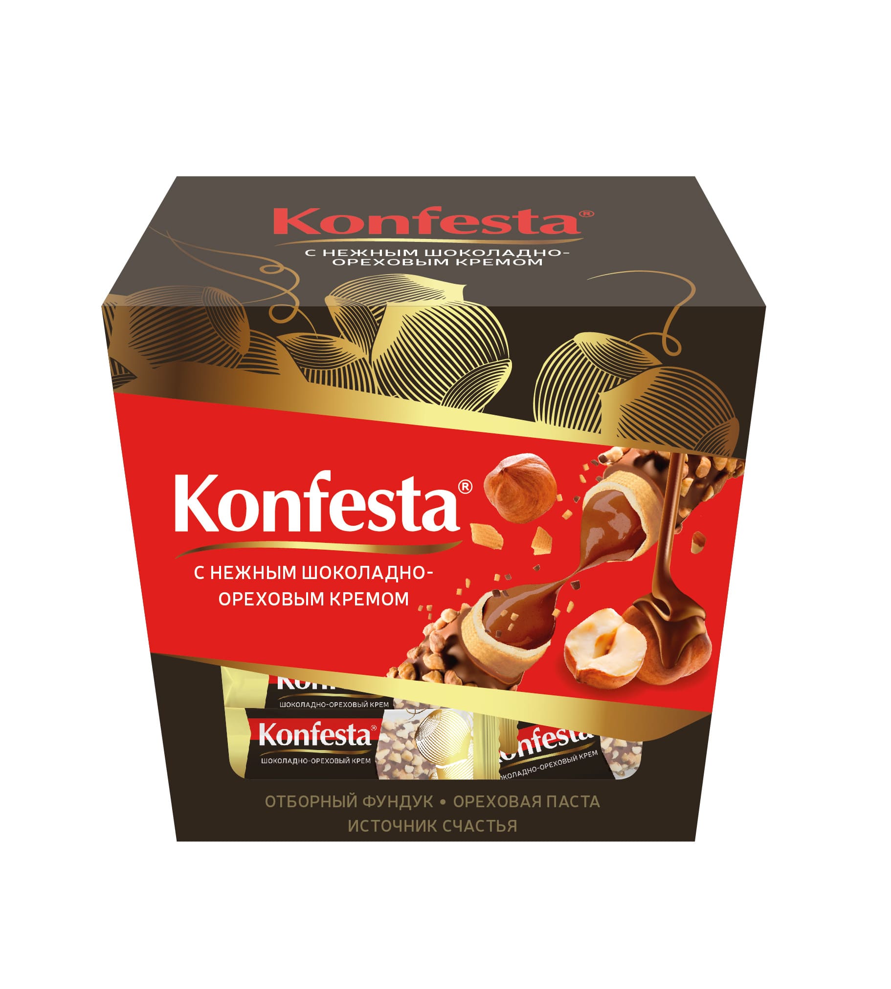 Конфеты «Konfesta» с нежным шоколадно-ореховым кремом в хрустящей вафле, глазированной шоколадом и обсыпанной дробленым фундуком
